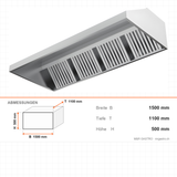 Dunstabzugshaube Wandhaube, 2 Filter, 1500×1100×500 mm, Edelstahl – Abmessungen