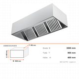 Dunstabzugshaube Wandhaube, Kastenform, 5 Filter, 3000×900×400 mm, Edelstahl – Abmessungen