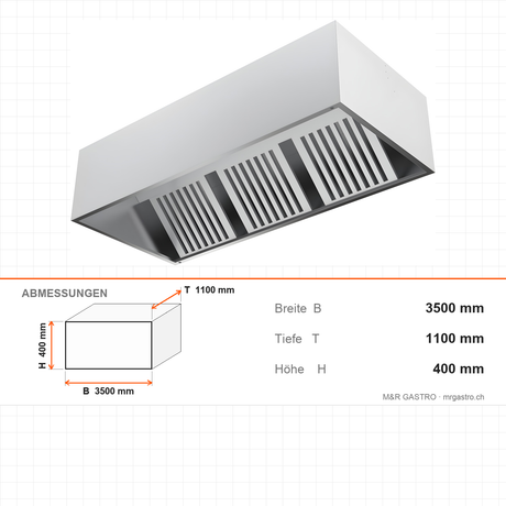 Dunstabzugshaube Wandhaube, Kastenform, 6 Filter, 3500×1100×400 mm, Edelstahl – Abmessungen