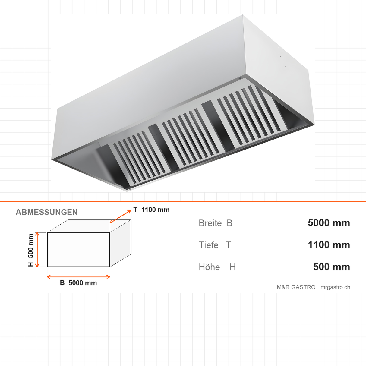 Dunstabzugshaube Wandhaube, Kastenform, 8 Filter, 5000×1100×500 mm, Edelstahl – Abmessungen