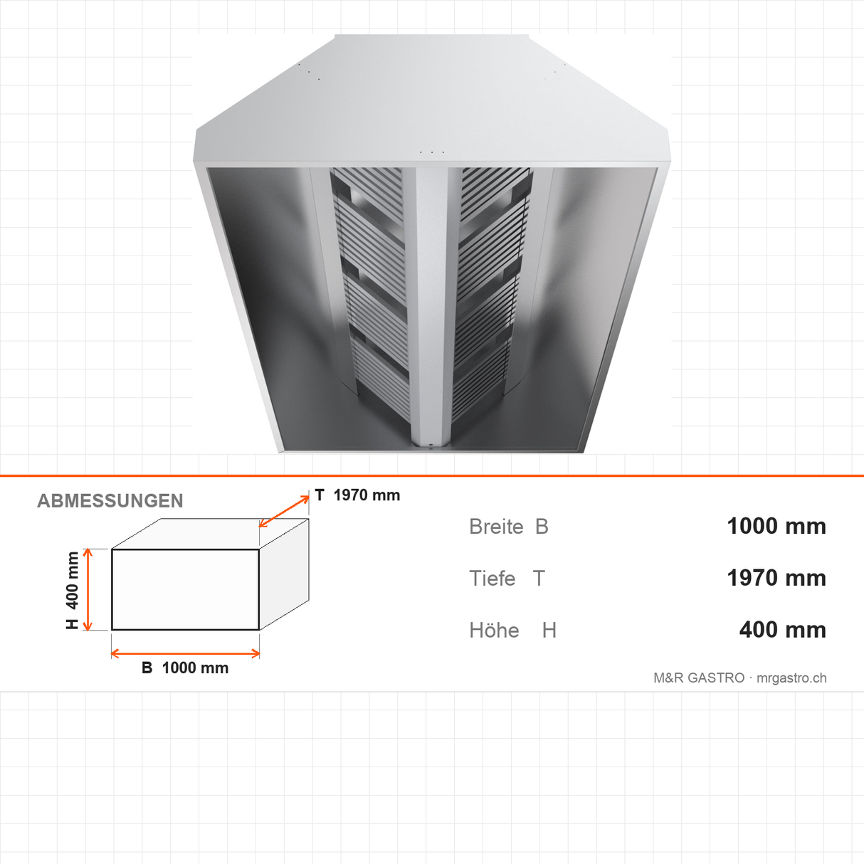 Dunstabzugshaube Decke, 2 Filter, Edelstahl, 1000×1970×400 mm – Abmessungen
