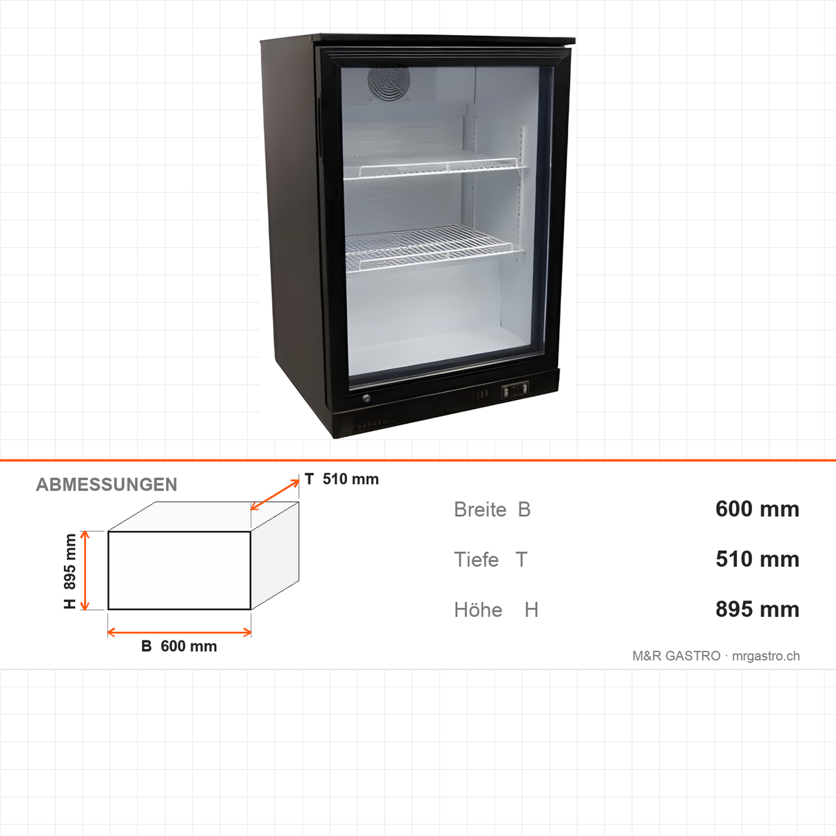 Flaschenkühler, 1 Tür, 126 L, 600×510×895 mm – Abmessungen