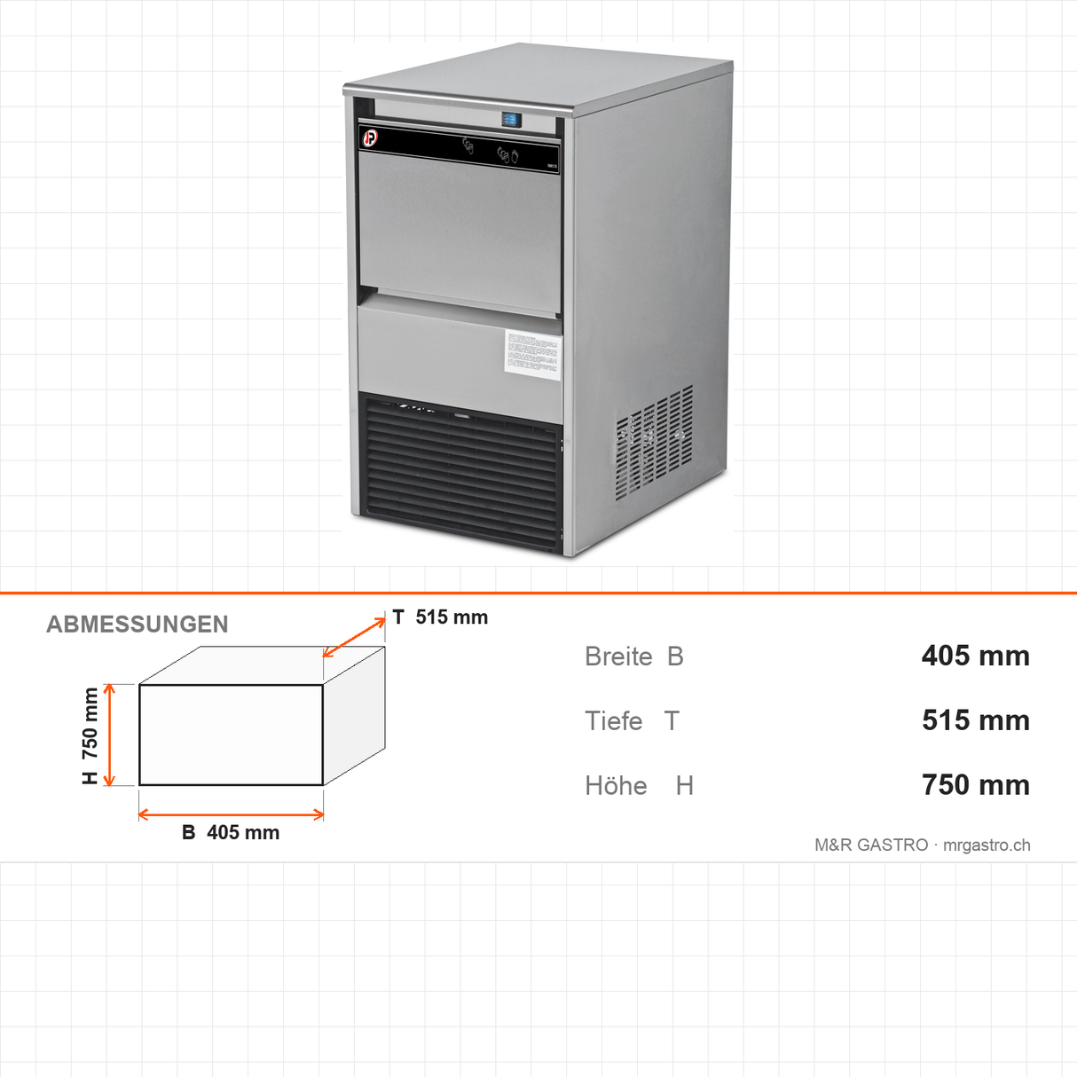 Eiswürfelbereiter, 30 kg/Tag, 405×515×750 mm – Abmessungen
