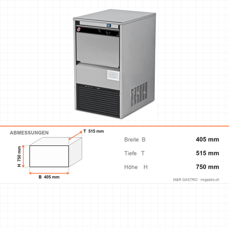 Eiswürfelbereiter, 30 kg/Tag, 405×515×750 mm – Abmessungen