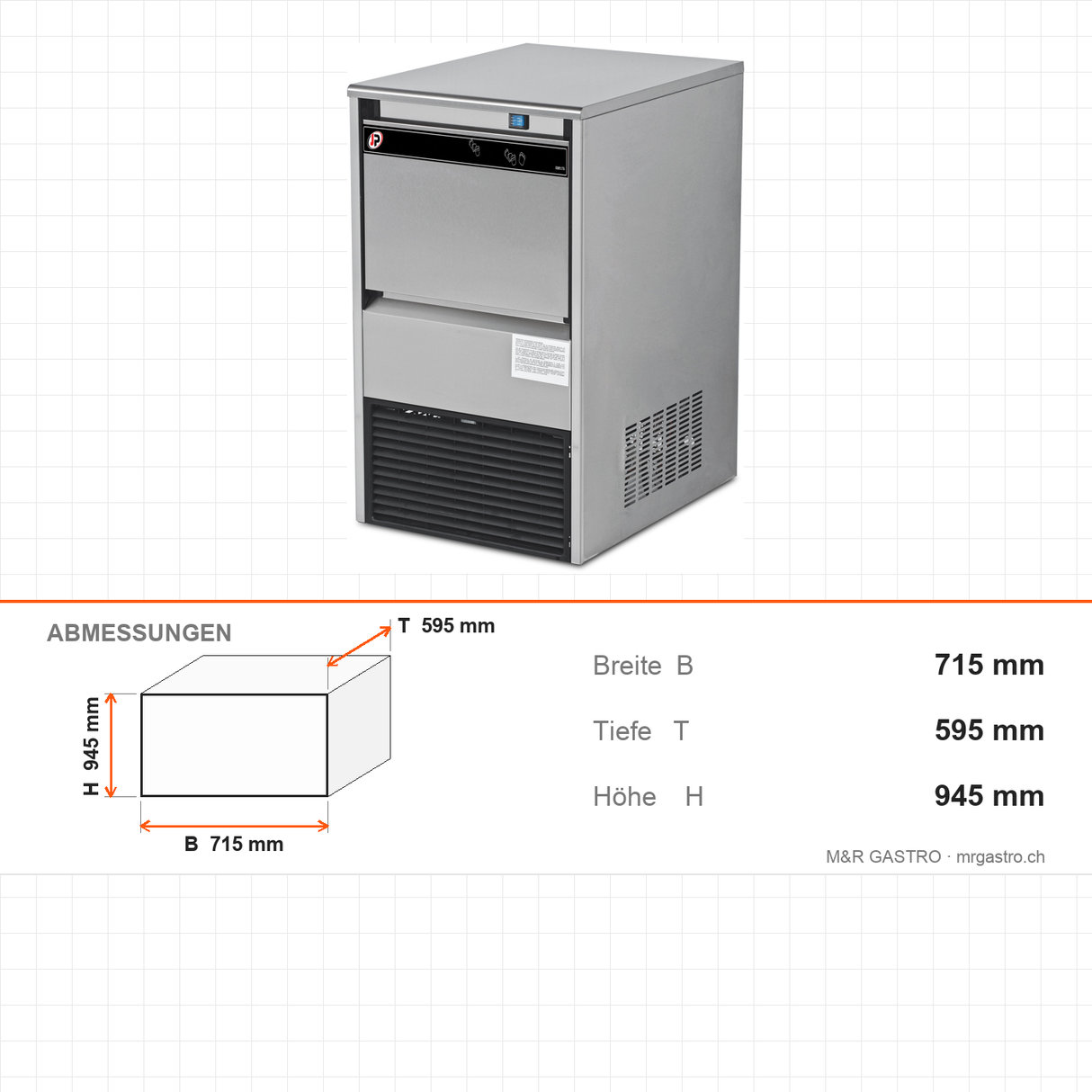 Eiswürfelbereiter, 90 kg/Tag, 715×595×945 mm – Abmessungen