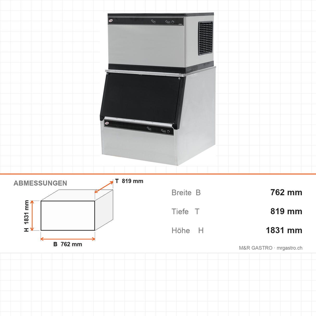 Eiswürfelbereiter, 450 kg/Tag, 762×819×1831 mm – Abmessungen