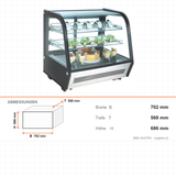 Kühlvitrine, 120 l, Doppelglas, LED-Beleuchtung, 0/+12 °C, 2 Ablagen, 702×568×686 mm – Abmessungen