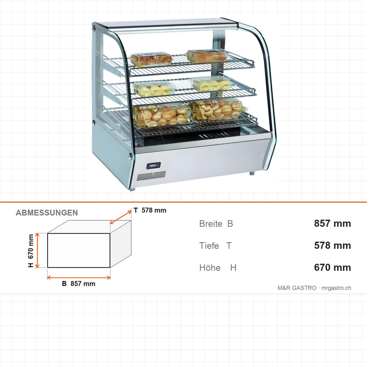 Warmhaltevitrine, 1,5 kW, 160 l, LED-Beleuchtung, Thermostat, 3 Ablagen, 857×578×670 mm – Abmessungen