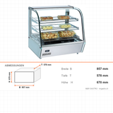 Warmhaltevitrine, 1,5 kW, 160 l, LED-Beleuchtung, Thermostat, 3 Ablagen, 857×578×670 mm – Abmessungen