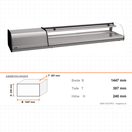 Sushivitrine, 6 GN 1/3, gebogenes Sicherheitsglas, LED-Beleuchtung, -1/+1 °C, 1447×387×240 mm – Abmessungen
