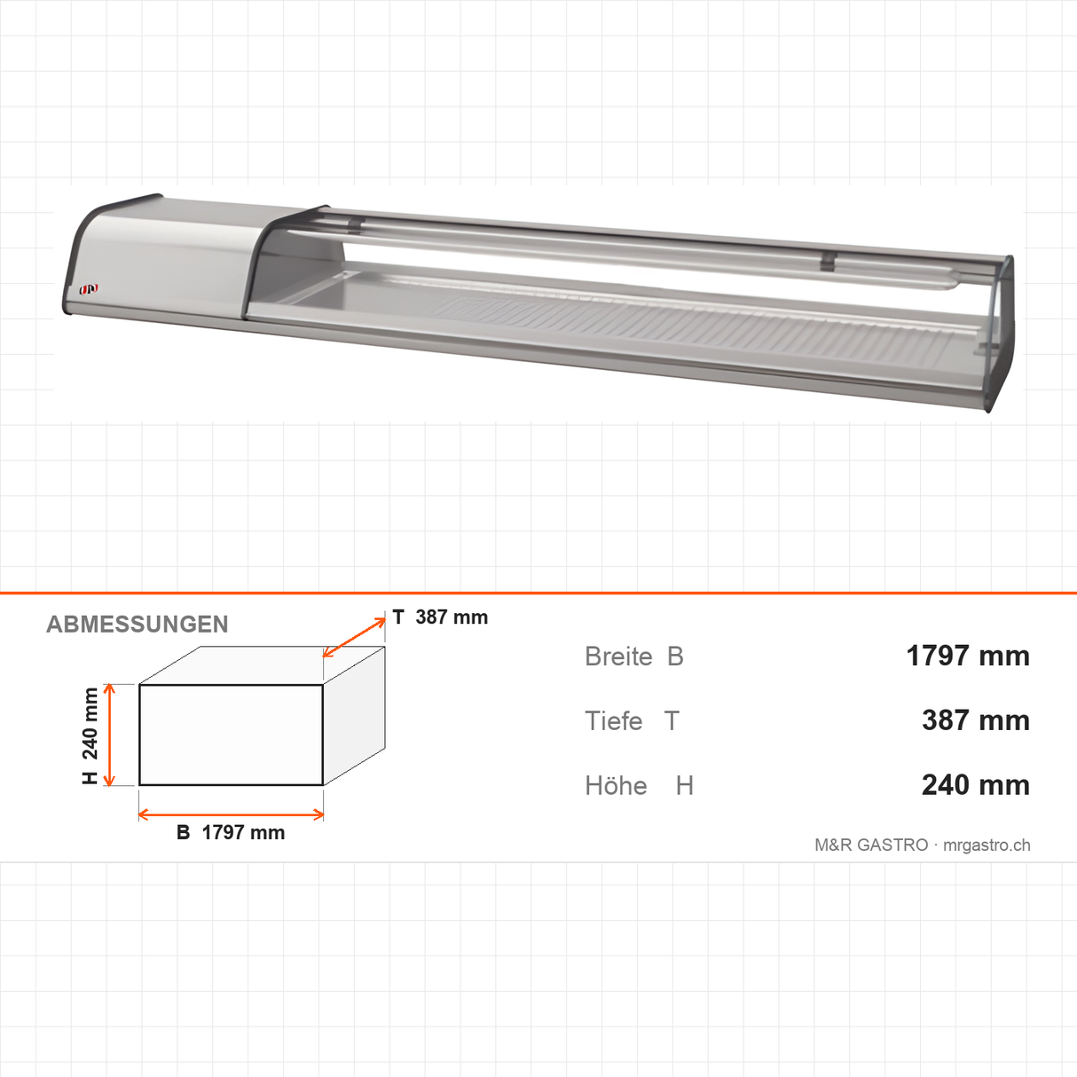 Sushivitrine, 8 GN 1/3, gebogenes Sicherheitsglas, LED-Beleuchtung, -1/+1 °C, 1797×387×240 mm – Abmessungen