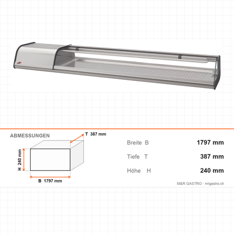 Sushivitrine, 8 GN 1/3, gebogenes Sicherheitsglas, LED-Beleuchtung, -1/+1 °C, 1797×387×240 mm – Abmessungen