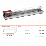 Sushivitrine, 6 GN 1/3, gebogenes Sicherheitsglas, LED-Beleuchtung, -1/+1 °C, 1400×400×250 mm – Abmessungen