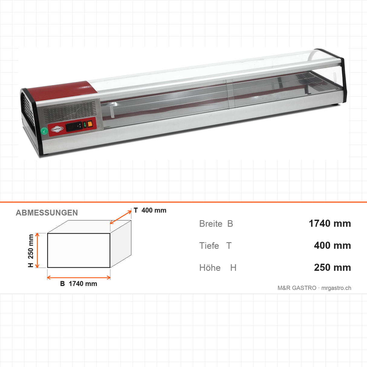 Sushivitrine, 8 GN 1/3, gebogenes Sicherheitsglas, LED-Beleuchtung, -1/+1 °C, 1740×400×250 mm – Abmessungen