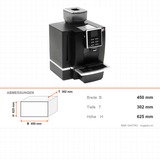 Kaffeevollautomat, Touch-Display, Espresso, Cappuccino und Latte, automatisches Wassernachfüllsystem, 1,4 kW, 450×302×625 mm – Abmessungen