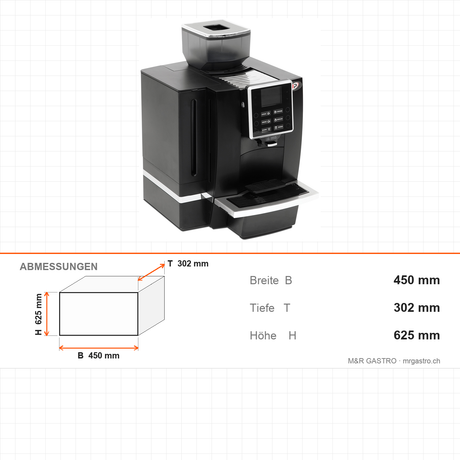 Kaffeevollautomat, Touch-Display, Espresso, Cappuccino und Latte, automatisches Wassernachfüllsystem, 1,4 kW, 450×302×625 mm – Abmessungen