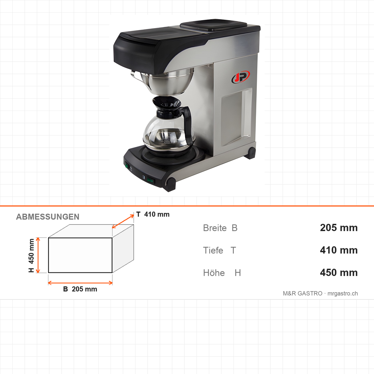 Filterkaffeemaschine, 1,7 L, Brühzeit 5 Minuten, Glaskanne 1,7 L, 1,96 kW, 205×410×450 mm – Abmessungen
