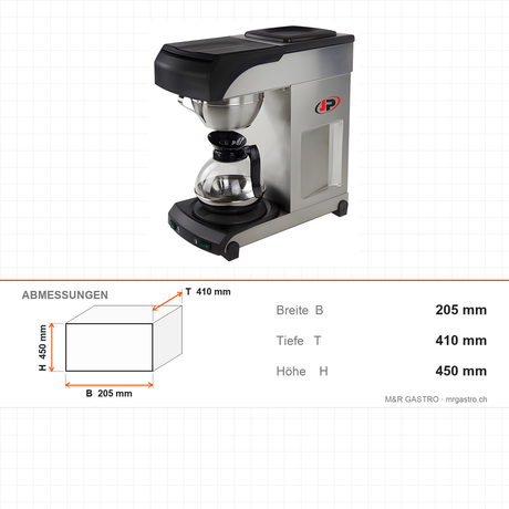Filterkaffeemaschine, 1,7 L, Brühzeit 5 Minuten, Glaskanne 1,7 L, 1,96 kW, 205×410×450 mm – Abmessungen