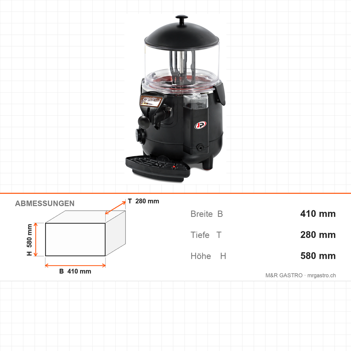 Heißgetränkespender, 10 L, Thermostatsteuerung 0/85 °C, 1 kW, 410×280×580 mm – Abmessungen