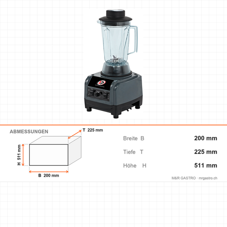 Bar-Blender, 2 L, 1,5 kW, Titanmesser, Eiscrusher, 200×225×511 mm – Abmessungen
