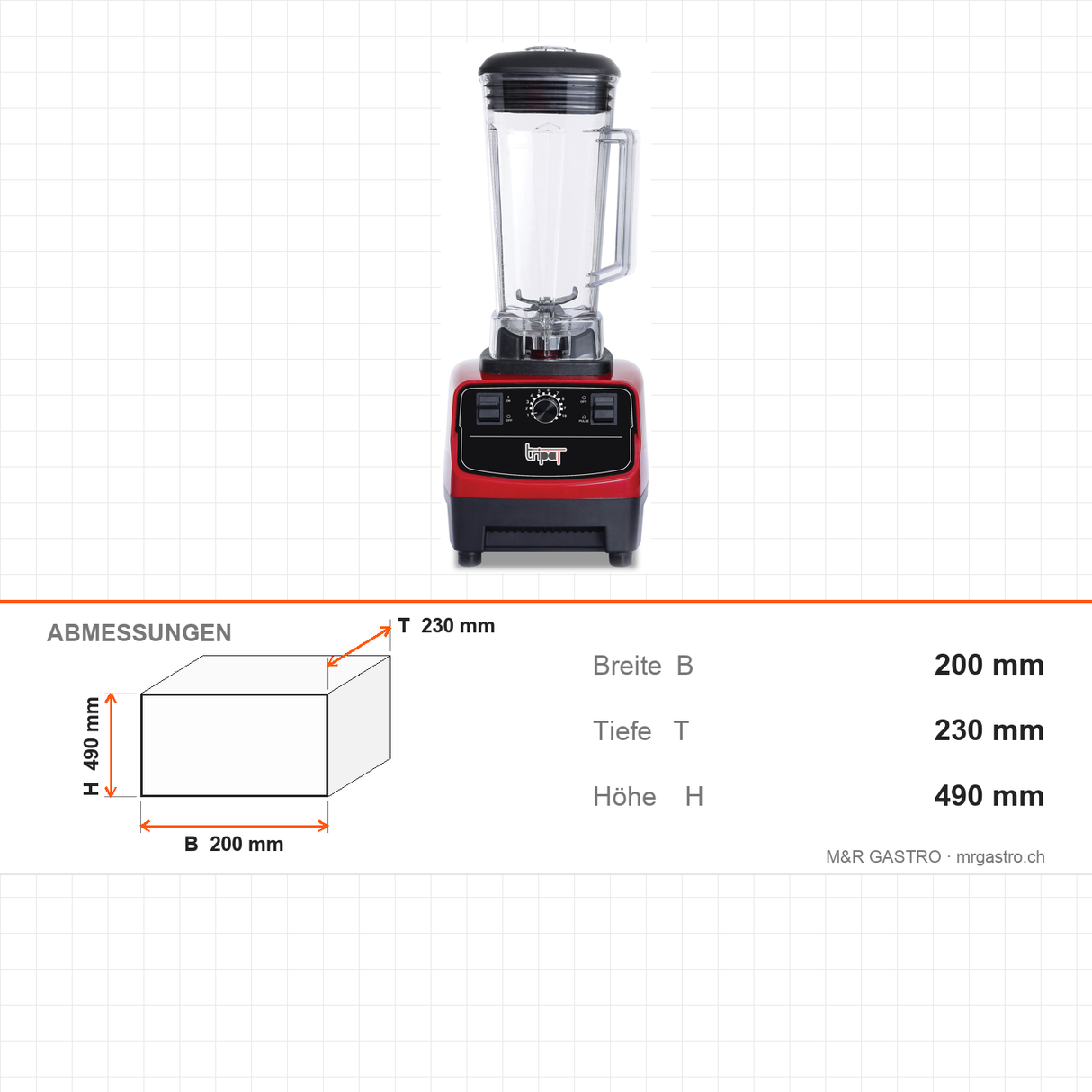 Bar-Blender, 2 L, 1,5 kW, mechanische Bedienung, Polycarbonat-Behälter, 200×230×490 mm – Abmessungen