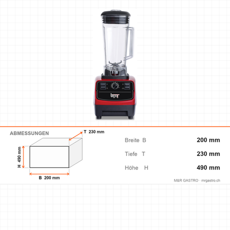 Bar-Blender, 2 L, 1,5 kW, mechanische Bedienung, Polycarbonat-Behälter, 200×230×490 mm – Abmessungen