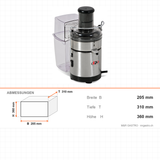 Zitruspresse, Edelstahl, automatische Tresterentfernung, Turbo-Taste, 6300 U/min, 430 W, 205×310×360 mm – Abmessungen