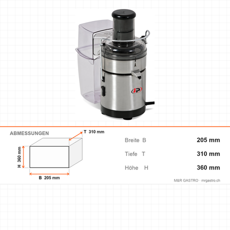Zitruspresse, Edelstahl, automatische Tresterentfernung, Turbo-Taste, 6300 U/min, 430 W, 205×310×360 mm – Abmessungen