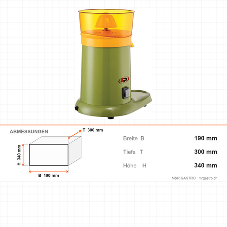 Orangensaftpresse, Edelstahl, platzsparend, leise, 1800 U/min, 180 W, 190×300×340 mm – Abmessungen