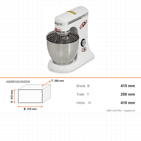 Planeten-Rührmaschine, 7 L, stufenlose Geschwindigkeit, 0,32 kW, 230V, 415×250×410 mm – Abmessungen