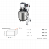 Planeten-Rührmaschine, 20 L, 3 Geschwindigkeiten, 0,75 kW, 230V, 420×520×760 mm – Abmessungen