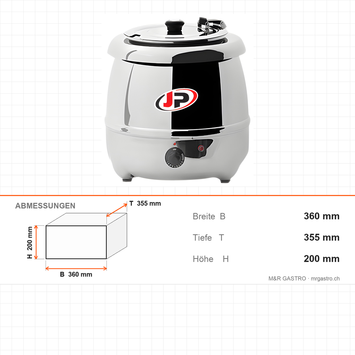 Suppenkessel elektrisch, 10 l, abnehmbarer Edelstahlbehälter, 0,4 kW, 360×355×200 mm – Abmessungen