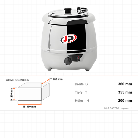Suppenkessel elektrisch, 10 l, abnehmbarer Edelstahlbehälter, 0,4 kW, 360×355×200 mm – Abmessungen
