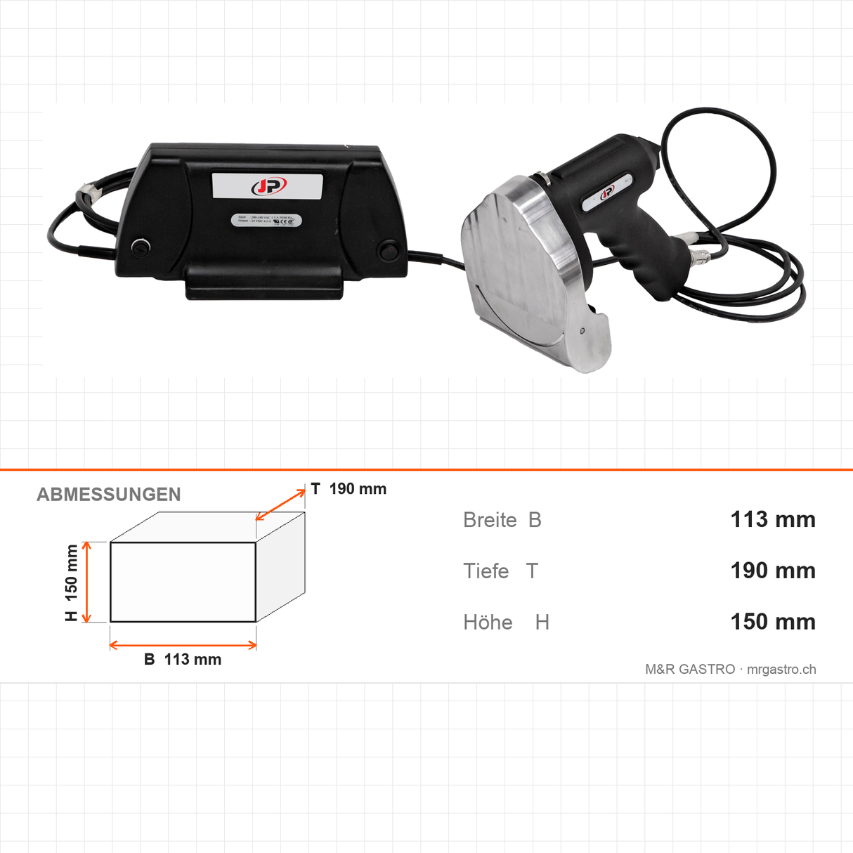 Elektrisches Dönermesser, 0,23 kW, Klinge Ø 100 mm, Schnittstärke 0–8 mm, 113×190×150 mm – Abmessungen
