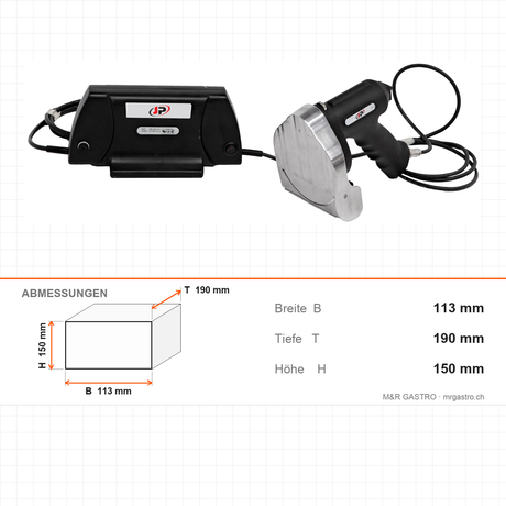 Elektrisches Dönermesser, 0,23 kW, Klinge Ø 100 mm, Schnittstärke 0–8 mm, 113×190×150 mm – Abmessungen