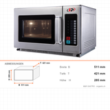 Mikrowelle gewerblich, 25 Liter, 1 kW, Touchscreen, Timer, Edelstahl, 511×421×285 mm – Abmessungen