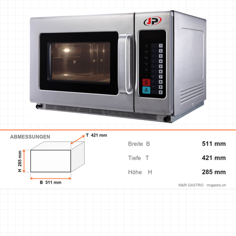 Mikrowelle gewerblich, 25 Liter, 1 kW, Touchscreen, Timer, Edelstahl, 511×421×285 mm – Abmessungen