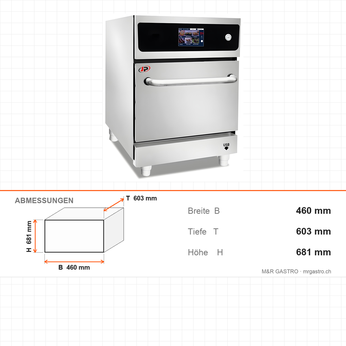 Speedofen, Touchscreen, 17 Liter, 3,3 kW, 230V, 460×603×681 mm – Abmessungen