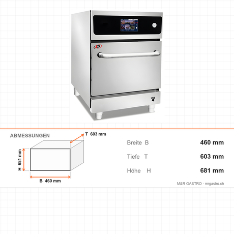 Speedofen, Touchscreen, 17 Liter, 3,3 kW, 230V, 460×603×681 mm – Abmessungen