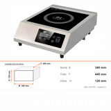 Induktionsherd, 1 Zone, 0,5–3 kW, Keramik-Kochfeld, Timer, 340×440×120 mm, Edelstahl – Abmessungen