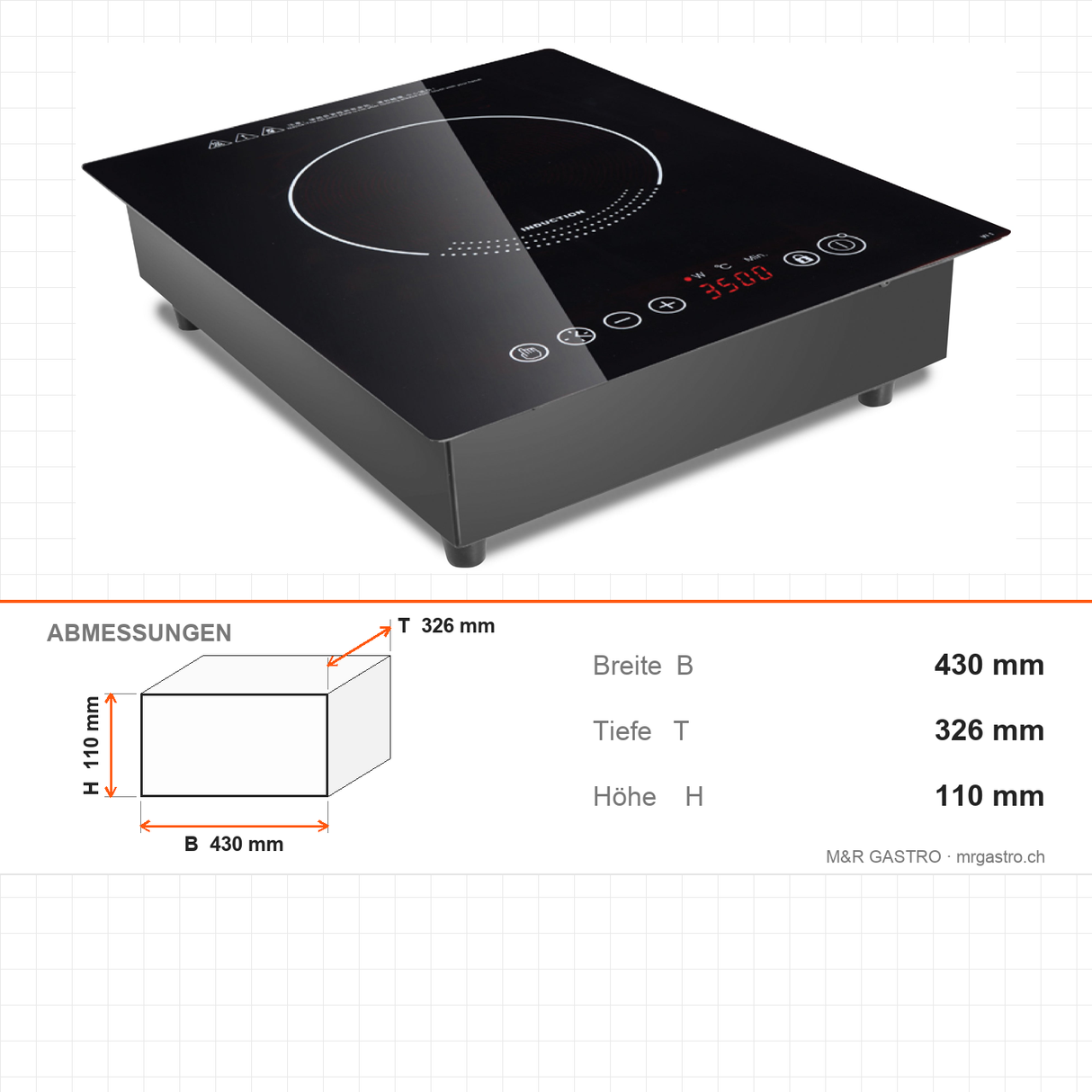 Induktionskochfeld Drop-in, 1 Zone, 3,5 kW, Keramikplatte, Timer, 430×326×110 mm, Edelstahl – Abmessungen