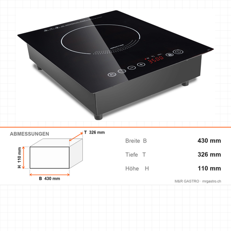 Induktionskochfeld Drop-in, 1 Zone, 3,5 kW, Keramikplatte, Timer, 430×326×110 mm, Edelstahl – Abmessungen