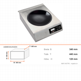 Induktions-Wok-Kocher, 1 Mulde, 0,5–3 kW, Keramikplatte, Timer, 340×440×120 mm, Edelstahl – Abmessungen