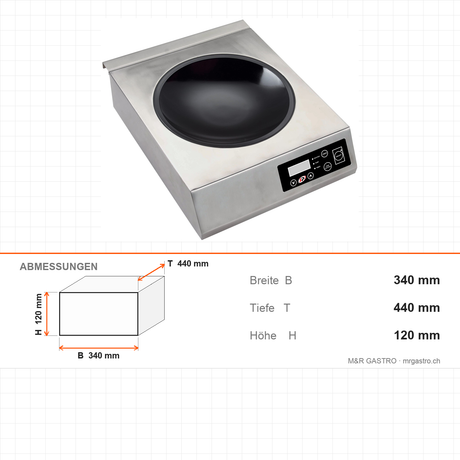 Induktions-Wok-Kocher, 1 Mulde, 0,5–3 kW, Keramikplatte, Timer, 340×440×120 mm, Edelstahl – Abmessungen