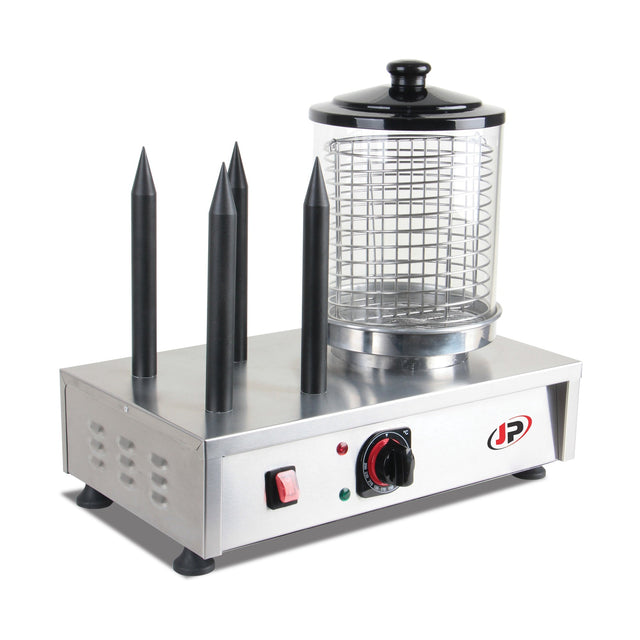 Hot Dog Maker, 4 Spieße, 0,75 kW, Edelstahl, Glaszylinder zum Warmhalten, Temperatur einstellbar, 300×480×445 mm – Produktbild