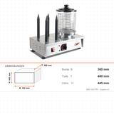 Hot Dog Maker, 4 Spieße, 0,75 kW, Edelstahl, Glaszylinder zum Warmhalten, Temperatur einstellbar, 300×480×445 mm – Abmessungen