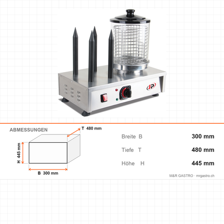 Hot Dog Maker, 4 Spieße, 0,75 kW, Edelstahl, Glaszylinder zum Warmhalten, Temperatur einstellbar, 300×480×445 mm – Abmessungen