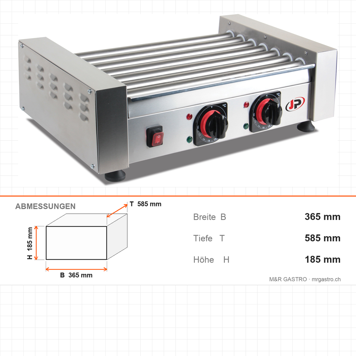 Hot Dog Grill, 7 Walzen, 1,4 kW, Edelstahl, 2 separat regelbare Thermostate, 2 Heizzonen, Tischgerät, 365×585×185 mm – Abmessungen