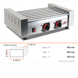 Hot Dog Grill, 7 Walzen, 1,4 kW, Edelstahl, 2 separat regelbare Thermostate, 2 Heizzonen, Tischgerät, 365×585×185 mm – Abmessungen