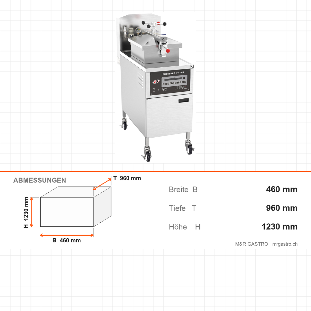 Druckfritteuse elektrisch, 24 Liter, 13,5 kW, mit Ölfiltersystem, 460×960×1230 mm – Abmessungen